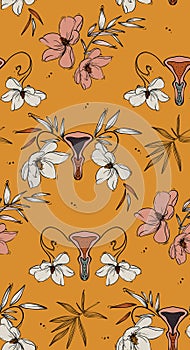 Floral vagina retro vloom pattern, seamless funny design. Cloth vulva texture , female organ erotic design. Summer tropical photo