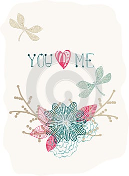 Floral Valentine background with dragonfly