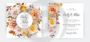 Floral, vector autumn bouquet wedding invitation, save the date card design. Editable watercolor illustration. Watercolor yellow,