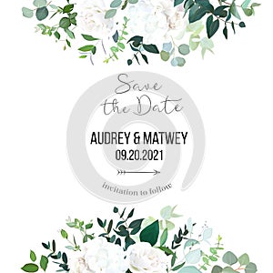 Floral vector banner frame with white rose, hydrangea, eucalyptus, emerald and mint greenery