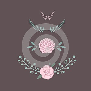 Floral vector bouquet with rose, peony, anemone, sakura, wild flowers. Hand drawn rustic isolated objects. Decorative