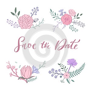 Floral vector bouquet with rose, peony, anemone, sakura, wild flowers. Hand drawn rustic isolated objects. Decorative
