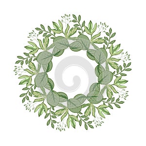 Floral vector card Design with green leaves elegant greenery, herbs forest round, circle wreath beautiful cute frame