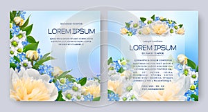 Floral vector card set with flowers of realistic white peony, bud, blue forget-me-not. Romantic 3d templates