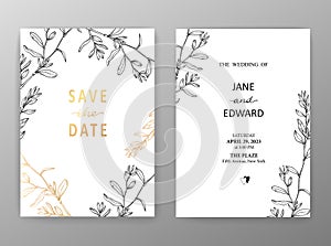 Floral vector card set, invitation and greeting cards. Hand drawn gold line herb pattern on white background
