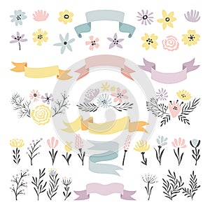 Floral vector decorative elements. Flowers, ribbons and plants for wedding invitation design