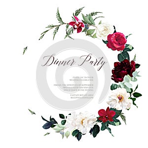 Floral vector frame. Hand painted plants, flowers, leaves on white background