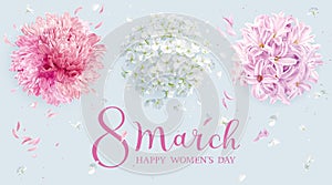 Floral vector greeting card for 8 March in watercolor style with lettering design