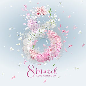 Floral vector greeting card for 8 March in watercolor style with lettering design