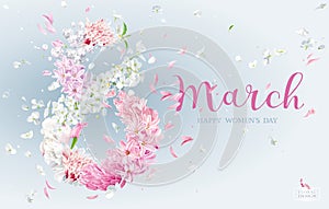 Floral vector greeting card for 8 March in watercolor style with lettering design