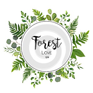 Floral vector invite card Design with green Eucalyptus fern leaves elegant greenery berry forest round circle wreath beautiful c