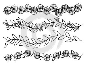 Floral vector linear borders. Set of hend drawn flowers