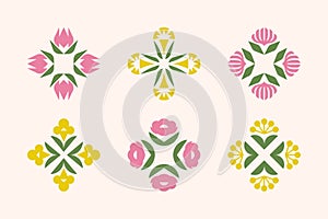 Floral vector logo mark template or icon. Set of elegant design elements with ornamental tulip, peony, carnation and other flowers