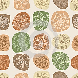 Floral vector pattern in doodle style with flowers and leaves on abstract spots