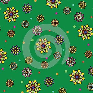 Floral vector pattern: multicolored flowers with many petals on a green background. Main colors: yellow, orange, blue.