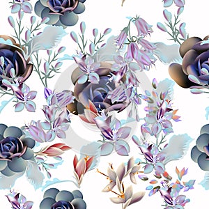 Floral vector pattern with succulent plants and flowers