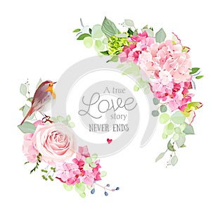 Floral vector round frame with cute small robin bird