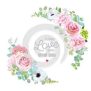 Floral vector round frame with pink rose, hydrangea, camellia