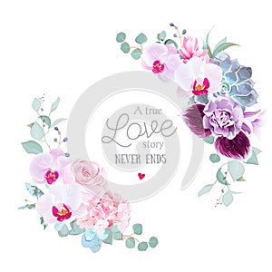 Floral vector round frame of purple orchid, pink rose, hydrangea