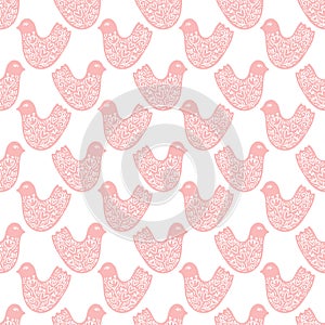 Floral vector seamless pattern with birds. Retro vintage valentine scandinavian style design with spring flowers, birds
