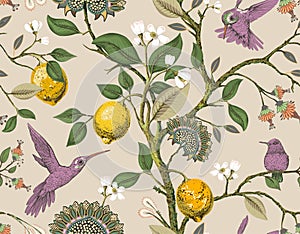 Floral vector seamless pattern. Botanical wallpaper. Plants, birds flowers backdrop. Drawn nature vintage wallpaper