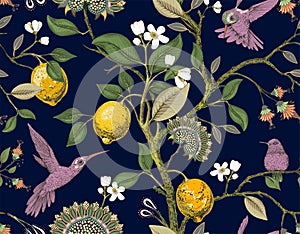 Floral vector seamless pattern. Botanical wallpaper. Plants, birds flowers backdrop. Drawn nature vintage wallpaper