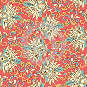 Floral vector seamless pattern. Fantastic flower, leaves. Batik style painting. Vintage background