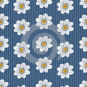Floral vector seamless pattern. Modern white flowers on blue striped background. Sketchy summer flowers with brush