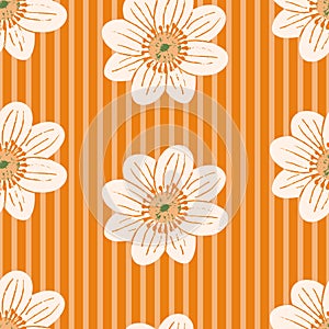 Floral vector seamless pattern. Modern white flowers on bright orange background with stripes. Vibrant summer flowers