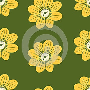 Floral vector seamless pattern. Modern yellow flowers on green background. Sketchy summer flowers repeated design