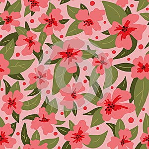 Floral vector seamless pattern. Pink flowers and leaves repeated background. Spring summer surface pattern design for