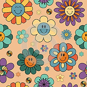 Floral vector seamless pattern with retro wildflowers