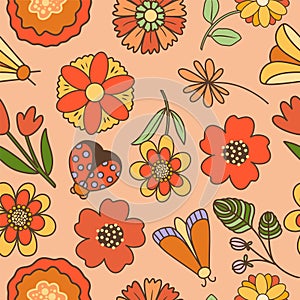 Floral vector seamless pattern with retro wildflowers