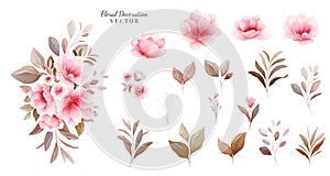 Floral vector set. Botanic arrangements & individual elements of pale sakura flowers, leaf, branch. Illustration for wedding,