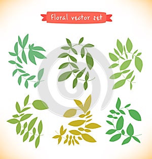 Floral vector set. Collection of drawn branches. Decorative curly elements