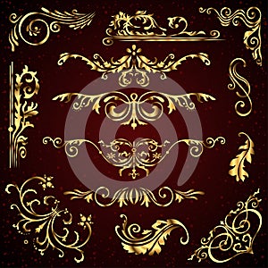Floral vector set of golden ornate page decor elements like banners, frames, dividers, ornaments and patterns on dark