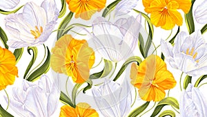 Floral vector wallpaper. Yellow Pansies and White Tulips with lettuce leaves.