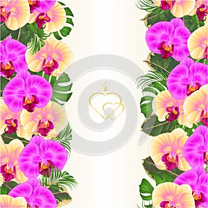 Floral vertical border seamless background bouquet with tropical flowers floral arrangement, with beautiful yellow and purple orc