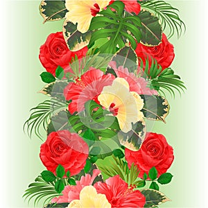 Floral vertical border seamless background tropical flowers Hawaiian style floral arrangement, with beautiful pink and yellow