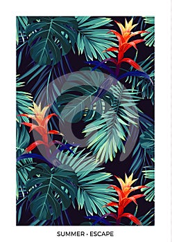 Floral vertical postcard design with guzmania flowers, monstera and royal palm leaves. Exotic hawaiian vector background