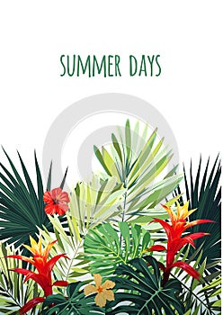 Floral vertical postcard design with guzmania and hibiscus flowers, monstera and royal palm leaves. Exotic hawaiian