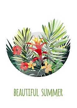 Floral vertical postcard design with guzmania and hibiscus flowers, monstera and royal palm leaves. Exotic hawaiian vector