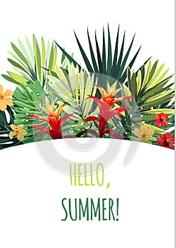 Floral vertical postcard design with guzmania and hibiscus flowers, monstera and royal palm leaves. Exotic hawaiian vector
