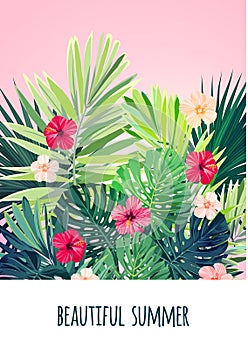 Floral vertical postcard design with hibiscus flowers, monstera and royal palm leaves. Exotic hawaiian vector background