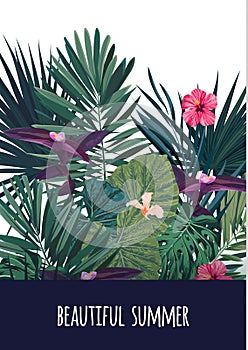 Floral vertical postcard design with hibiscus flowers, monstera and royal palm leaves. Exotic hawaiian vector background