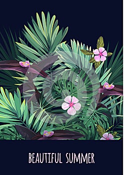 Floral vertical postcard design with tropical flowers, monstera and royal palm leaves. Exotic hawaiian vector background