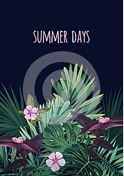 Floral vertical postcard design with tropical flowers, monstera and royal palm leaves. Exotic hawaiian vector background