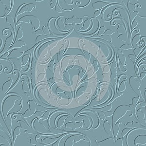 Floral vintage 3d seamless pattern. Vector embossed blue background. Repeat emboss flowers backdrop. Surface relief 3d ornaments