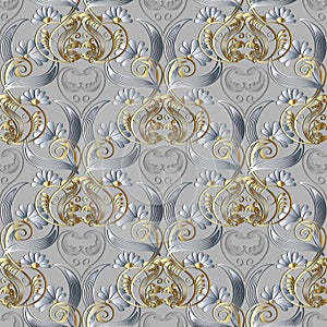 Floral vintage 3d seamless pattern. Vector light ornamental back