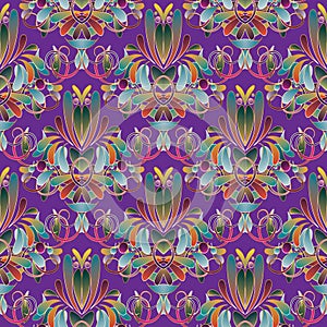 Floral vintage colorful seamless pattern. Violet vector background. Hand drawn multicolor paisley